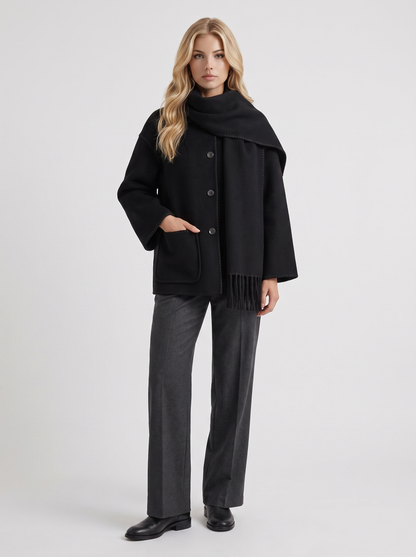 Women black wool blend coat with attached fringed scarf and blanket stitch edges, front view