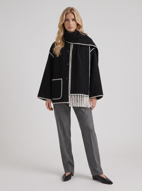 Women dark gray wool blend coat with attached fringed scarf and blanket stitch edges, front view