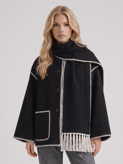 Women dark gray wool blend coat with attached fringed scarf and blanket stitch edges, front detail