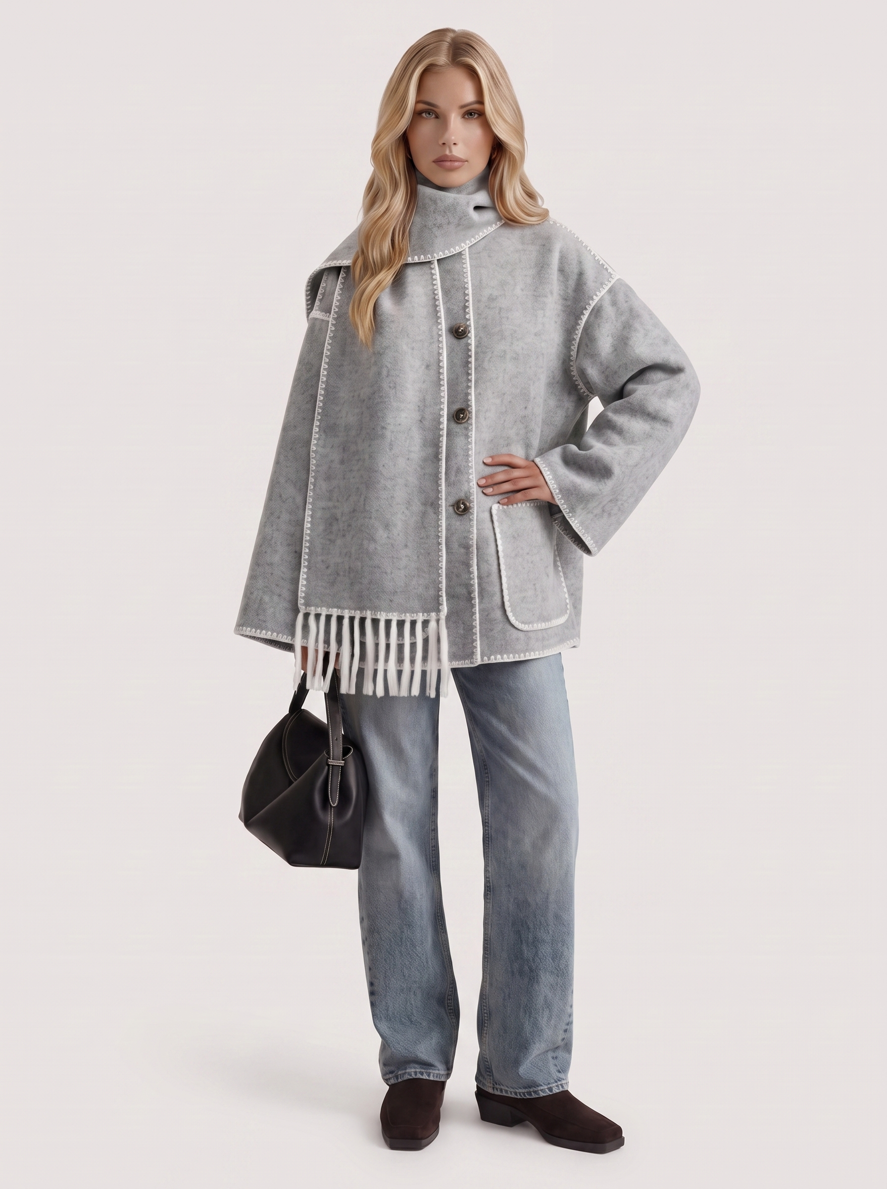 Women light gray wool blend coat with attached fringed scarf and blanket stitch edges, three quarter view
