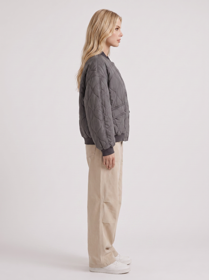 Women charcoal oversized onion quilted bomber jacket with snap front and ribbed trims, side view