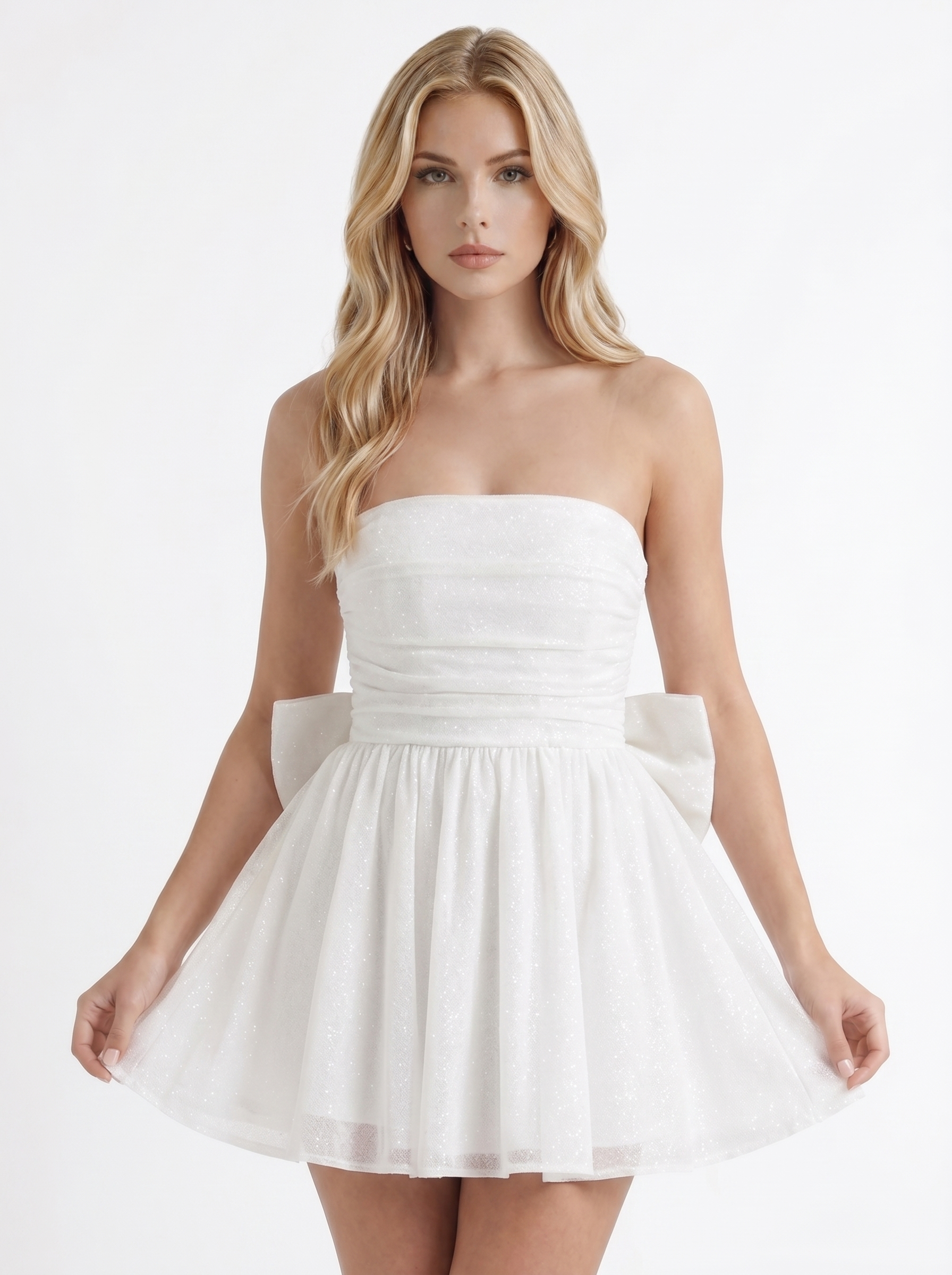 Women ivory strapless sequin sparkle mini dress with ruched bodice, front cropped view