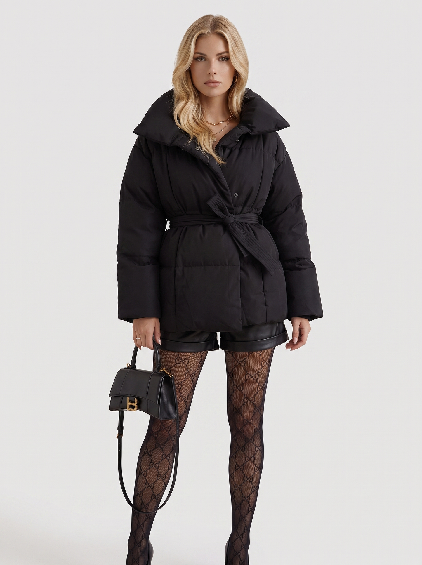 Women black oversized padded jacket with wide portrait collar and tie waist belt, front view