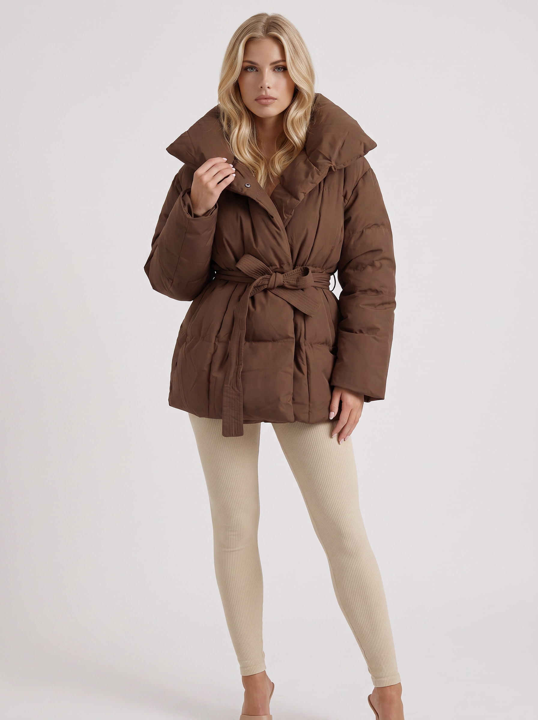 Women brown oversized padded jacket with wide portrait collar and tie waist belt, front view