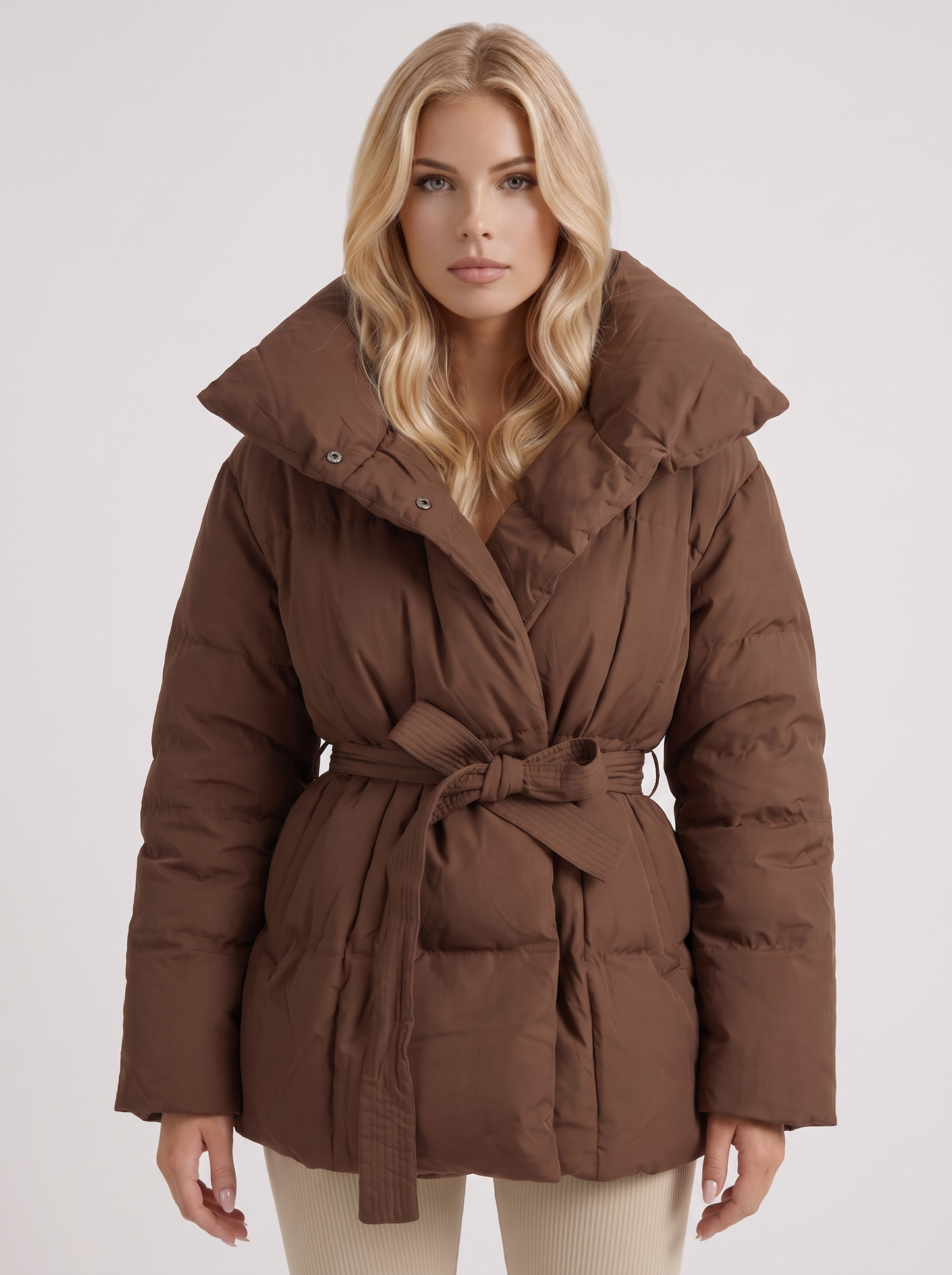 Women brown oversized padded jacket with wide portrait collar and tie waist belt, front detail