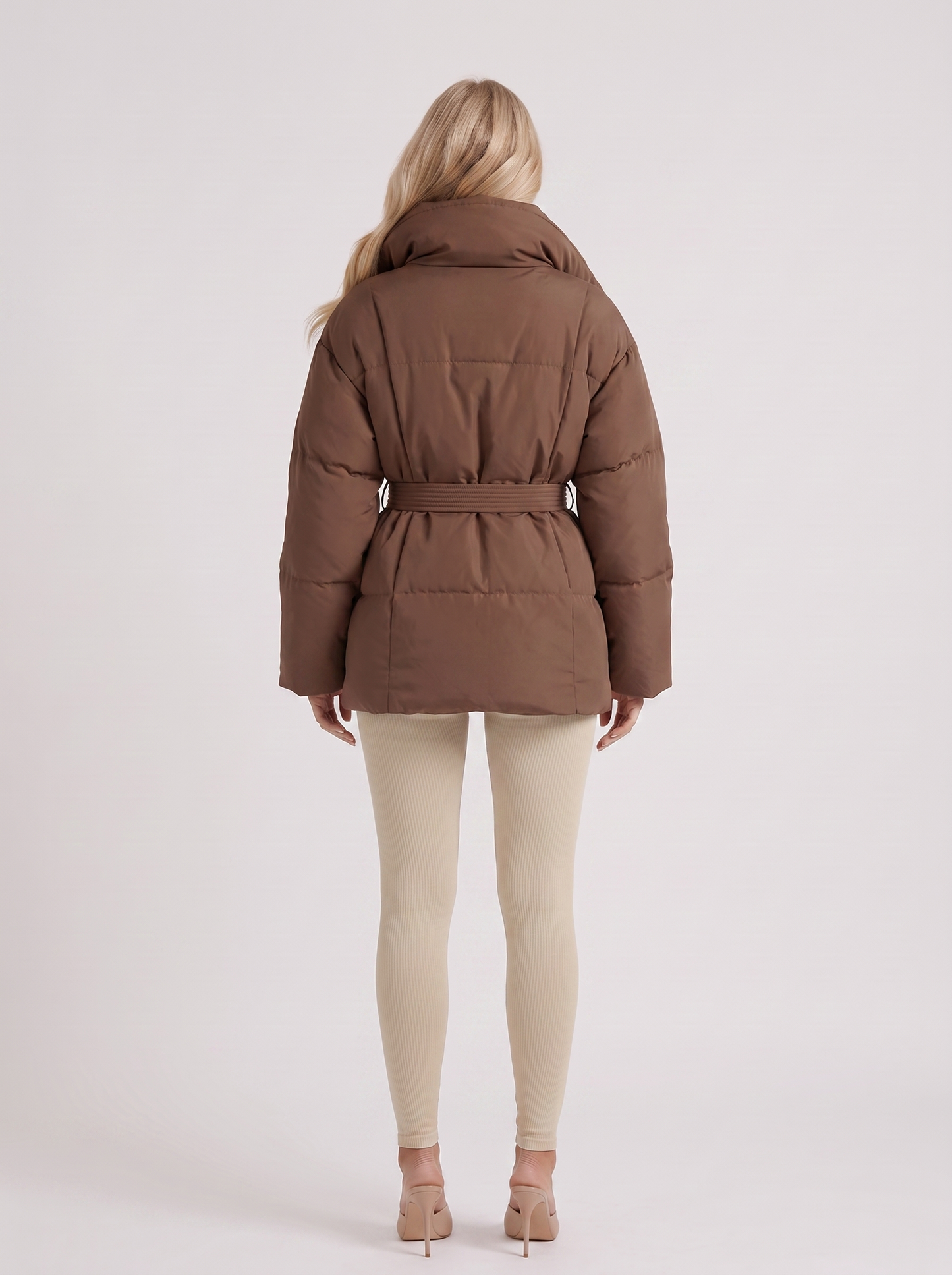 Women brown oversized padded jacket with wide portrait collar and tie waist belt, back view