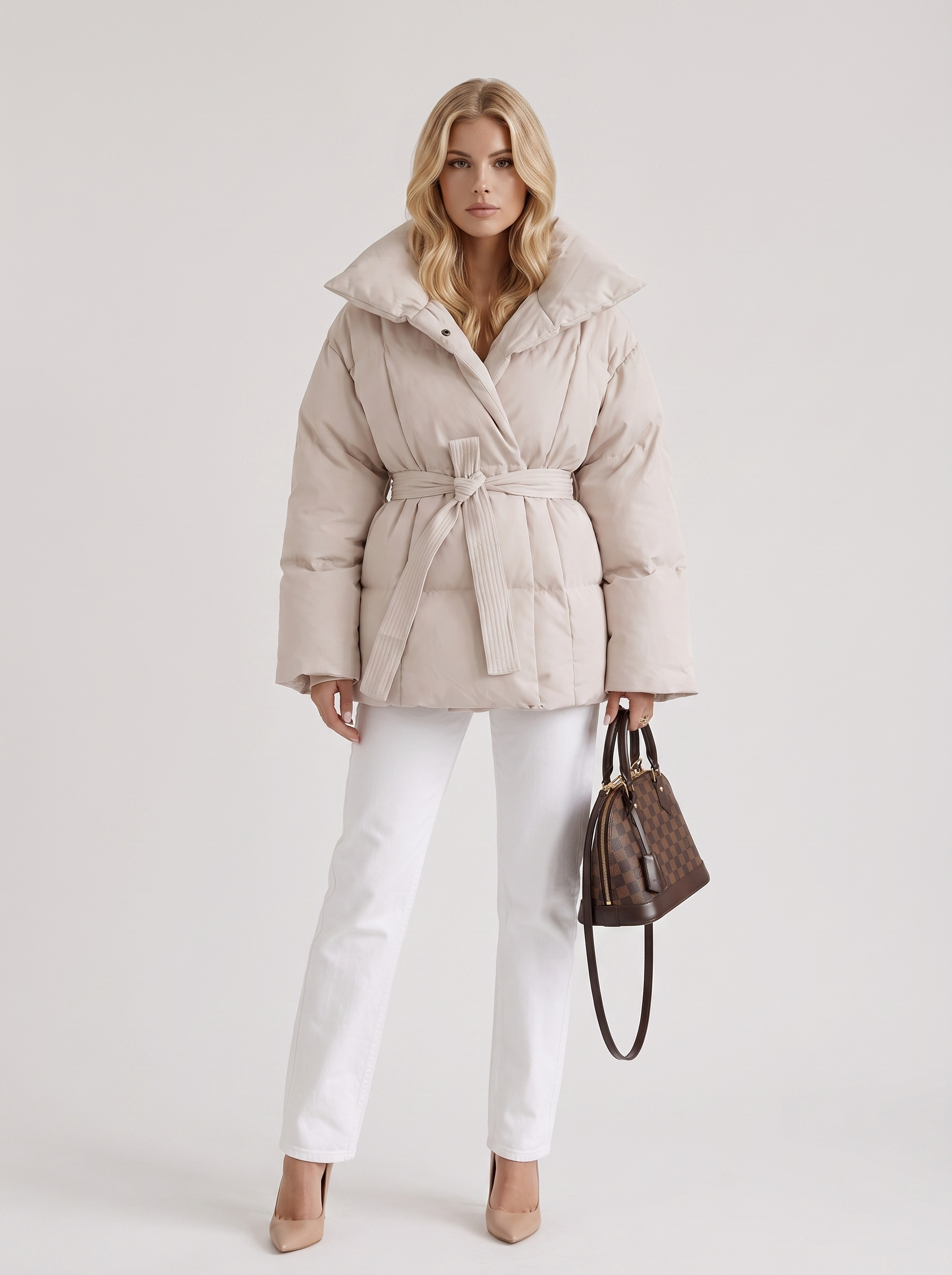 Women cream oversized padded jacket with wide portrait collar and tie waist belt, front view