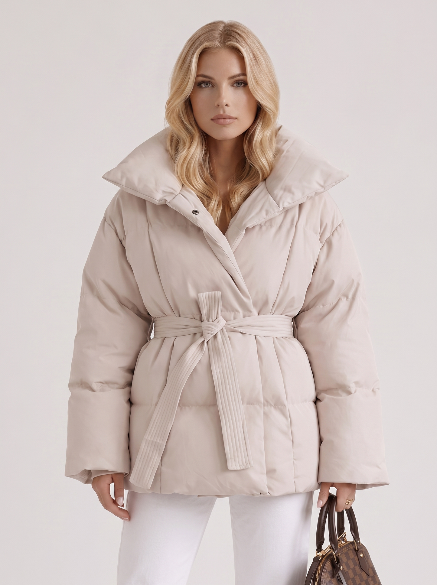 Women cream oversized padded jacket with wide portrait collar and tie waist belt, front detail