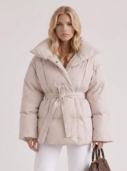 Women cream oversized padded jacket with wide portrait collar and tie waist belt, front detail