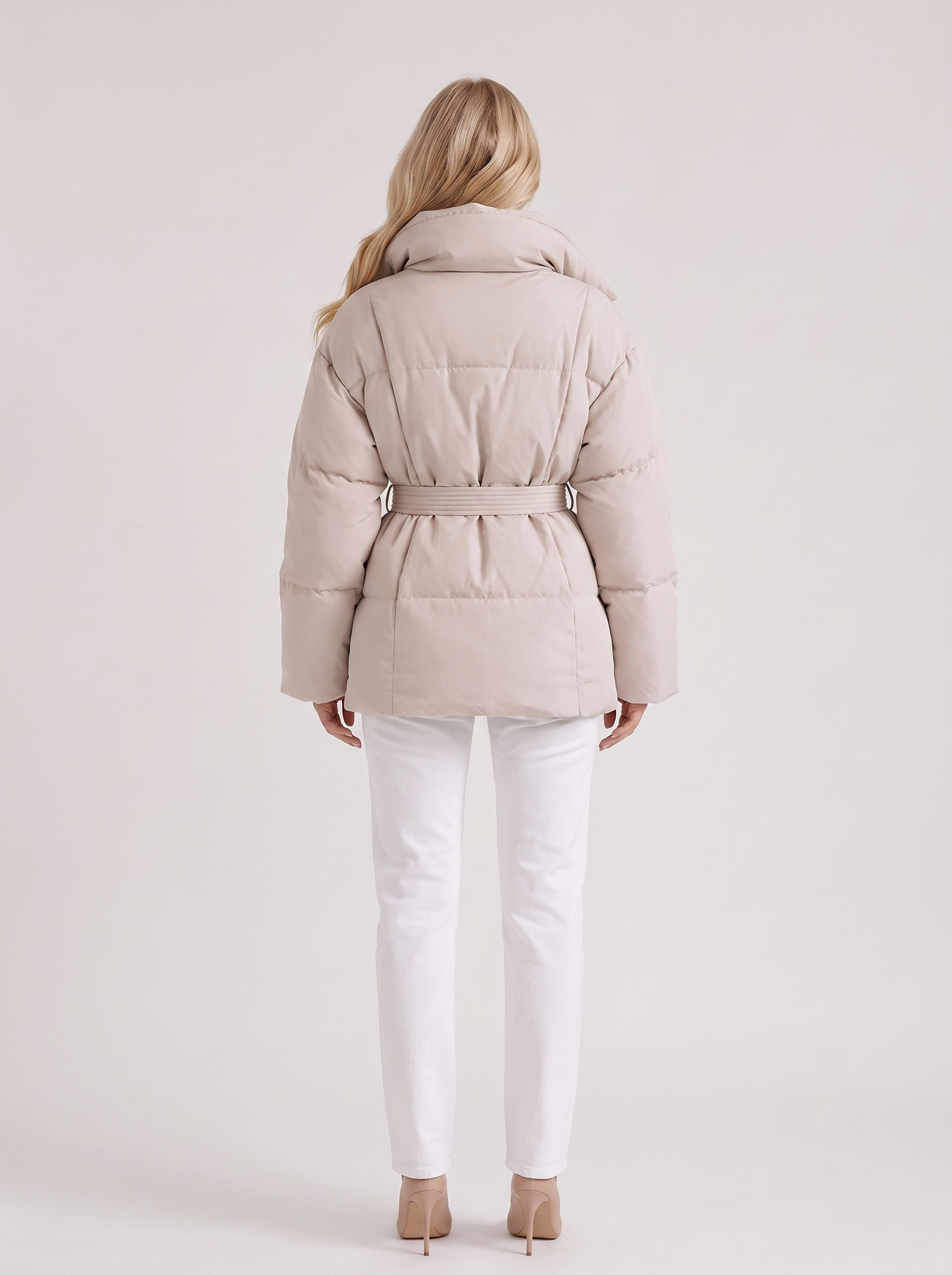 Women cream oversized padded jacket with wide portrait collar and tie waist belt, back view
