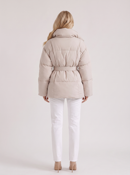 Women cream oversized padded jacket with wide portrait collar and tie waist belt, back view