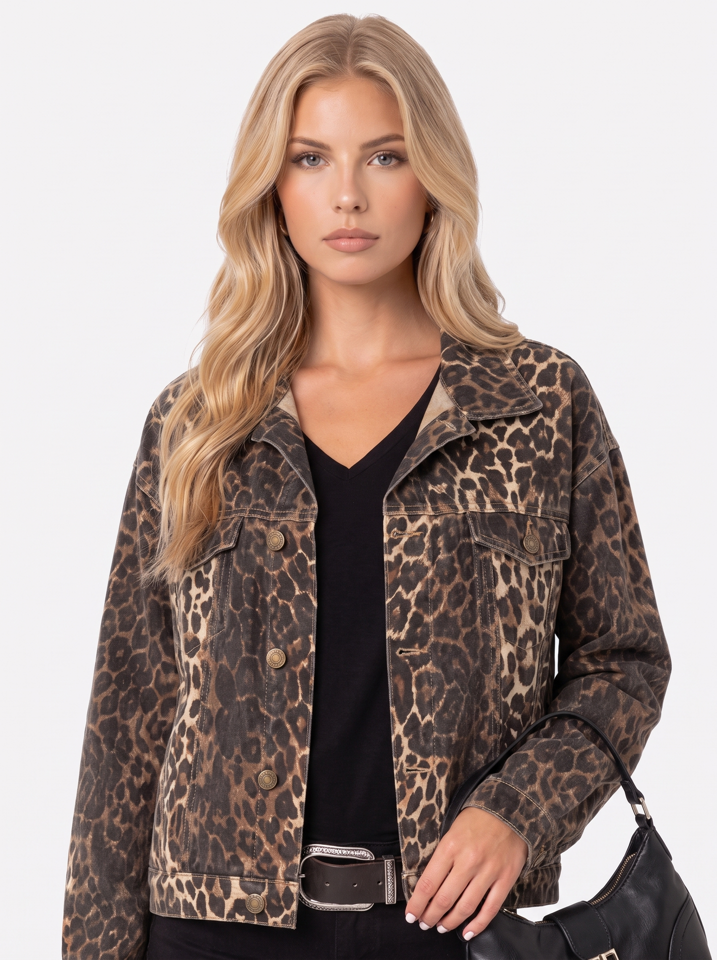 Women leopard print denim trucker jacket with point collar and buttoned flap pockets, front detail