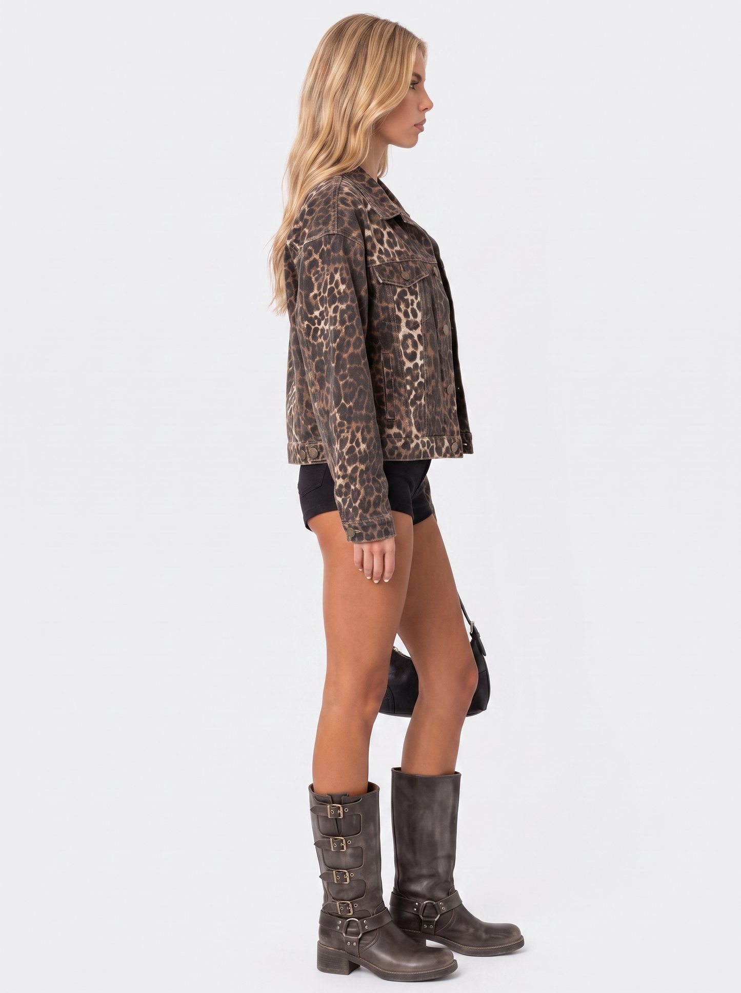 Women leopard print denim trucker jacket with point collar and buttoned flap pockets, side view