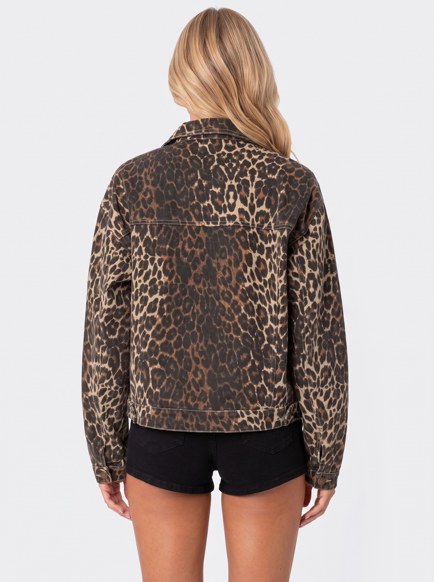 Women leopard print denim trucker jacket with point collar and buttoned flap pockets, back view