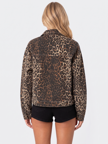 Women leopard print denim trucker jacket with point collar and buttoned flap pockets, back view