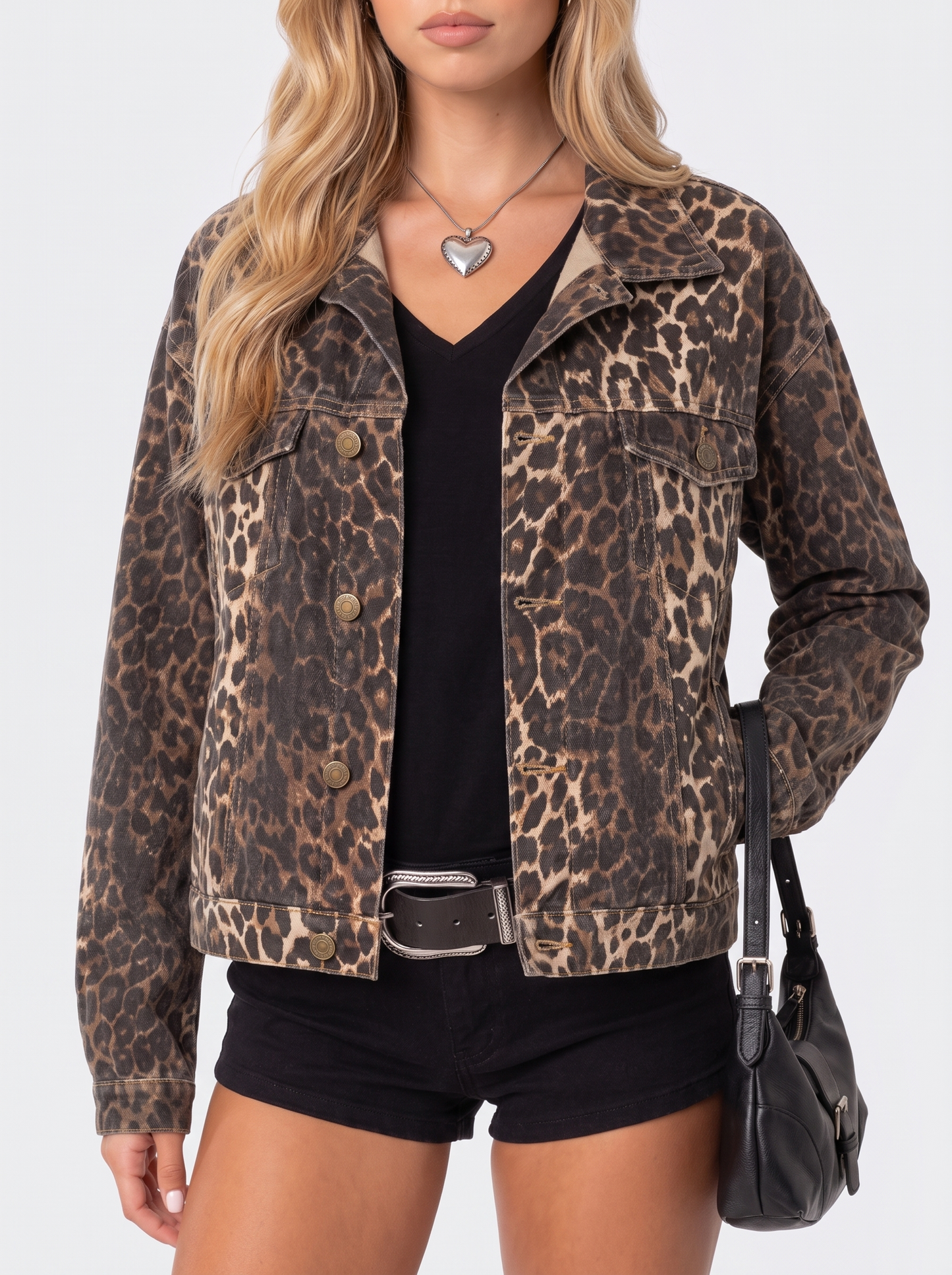 Women leopard print denim trucker jacket with point collar and buttoned flap pockets, fabric closeup