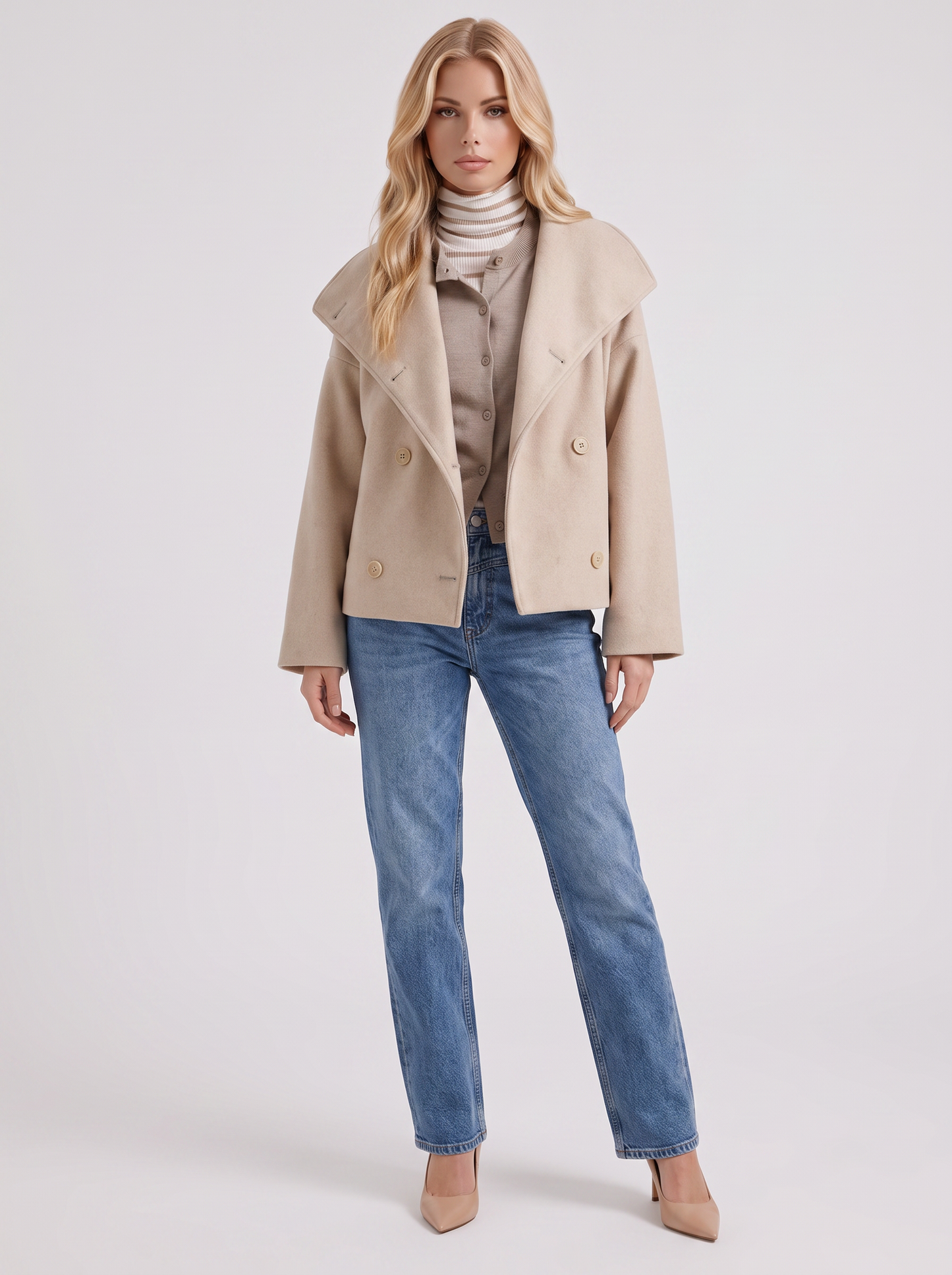 Women beige oversized double breasted wool blend peacoat with wide notch collar, front view