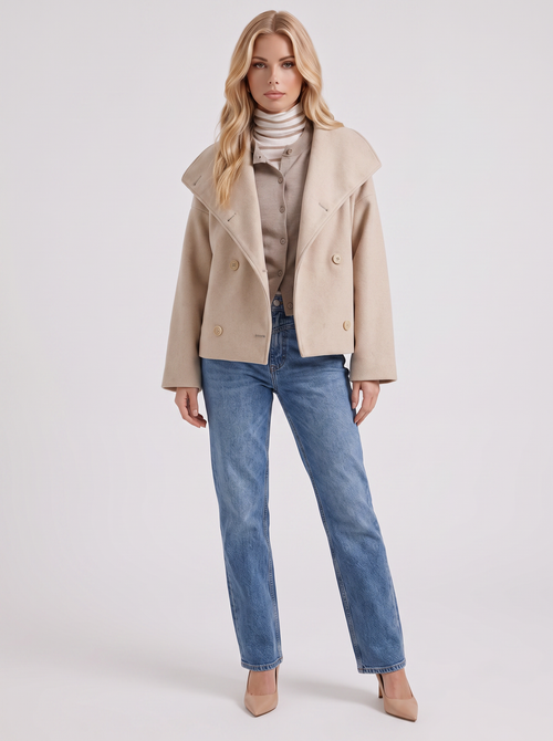 Women beige oversized double breasted wool blend peacoat with wide notch collar, front view