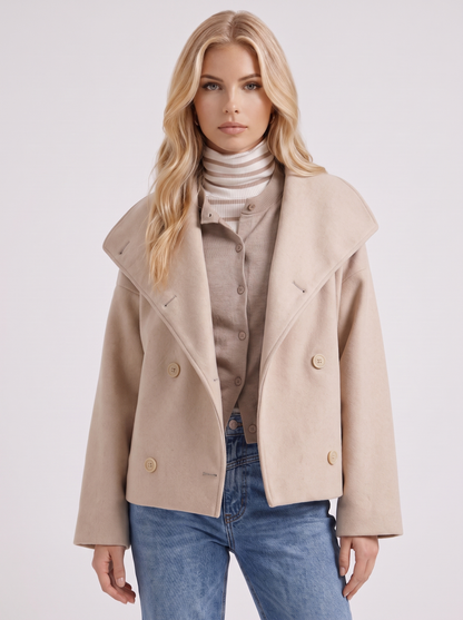 Women beige oversized double breasted wool blend peacoat with wide notch collar, front detail