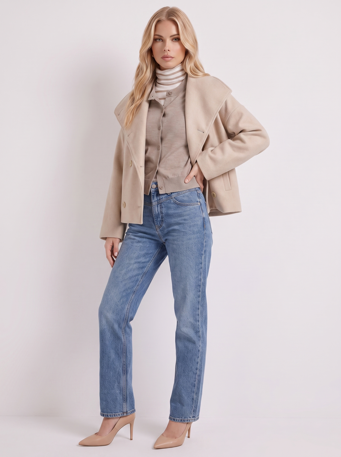 Women beige oversized double breasted wool blend peacoat with wide notch collar, three quarter view