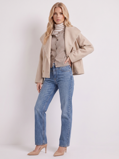Women beige oversized double breasted wool blend peacoat with wide notch collar, three quarter view