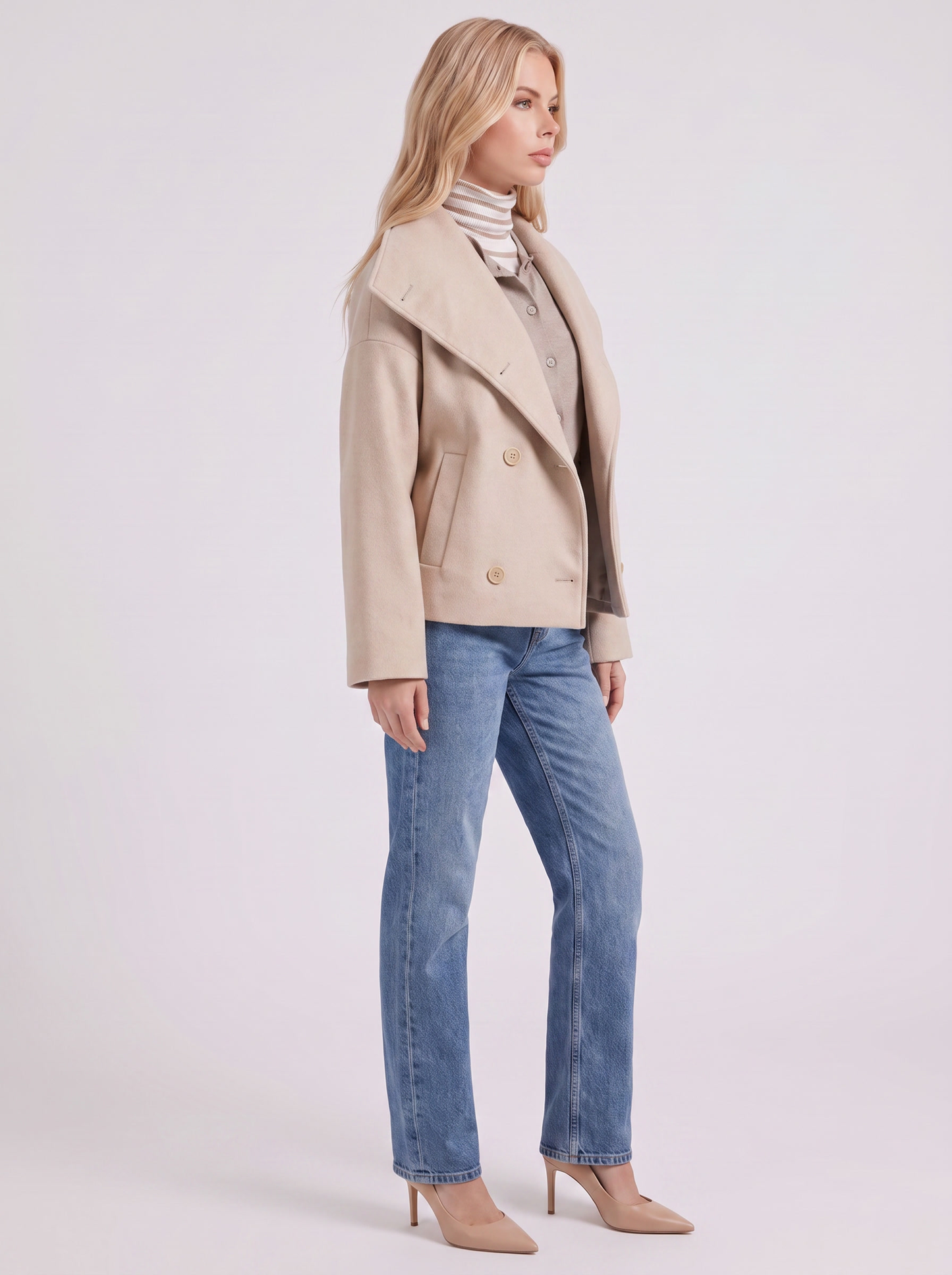 Women beige oversized double breasted wool blend peacoat with wide notch collar, side view