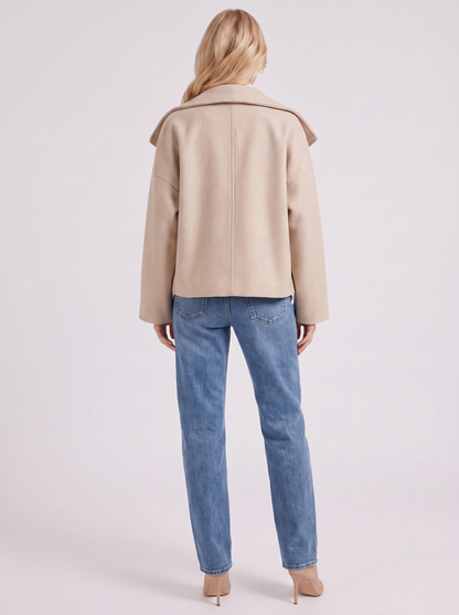 Women beige oversized double breasted wool blend peacoat with wide notch collar, back view