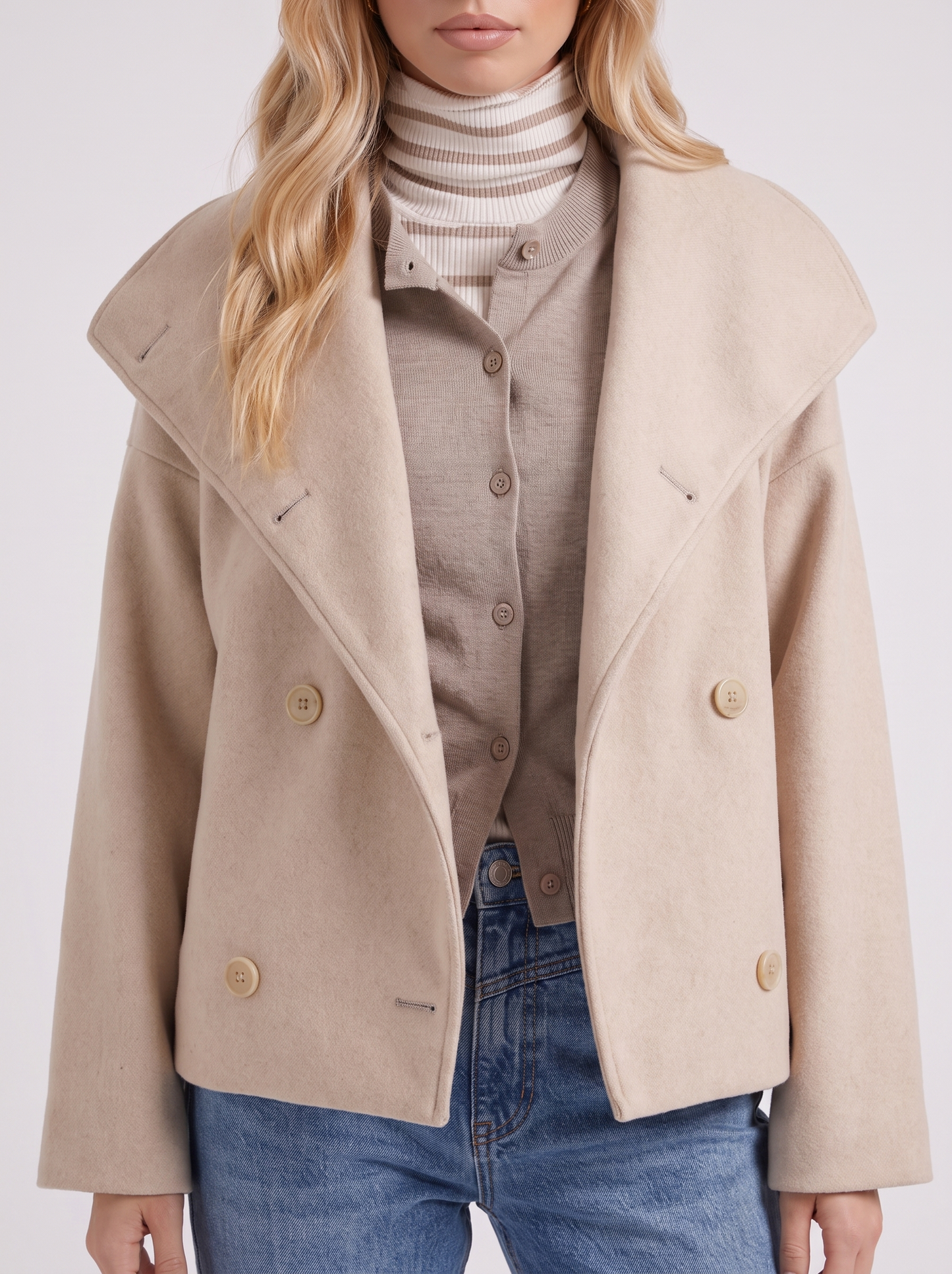 Women beige oversized double breasted wool blend peacoat with wide notch collar, fabric closeup