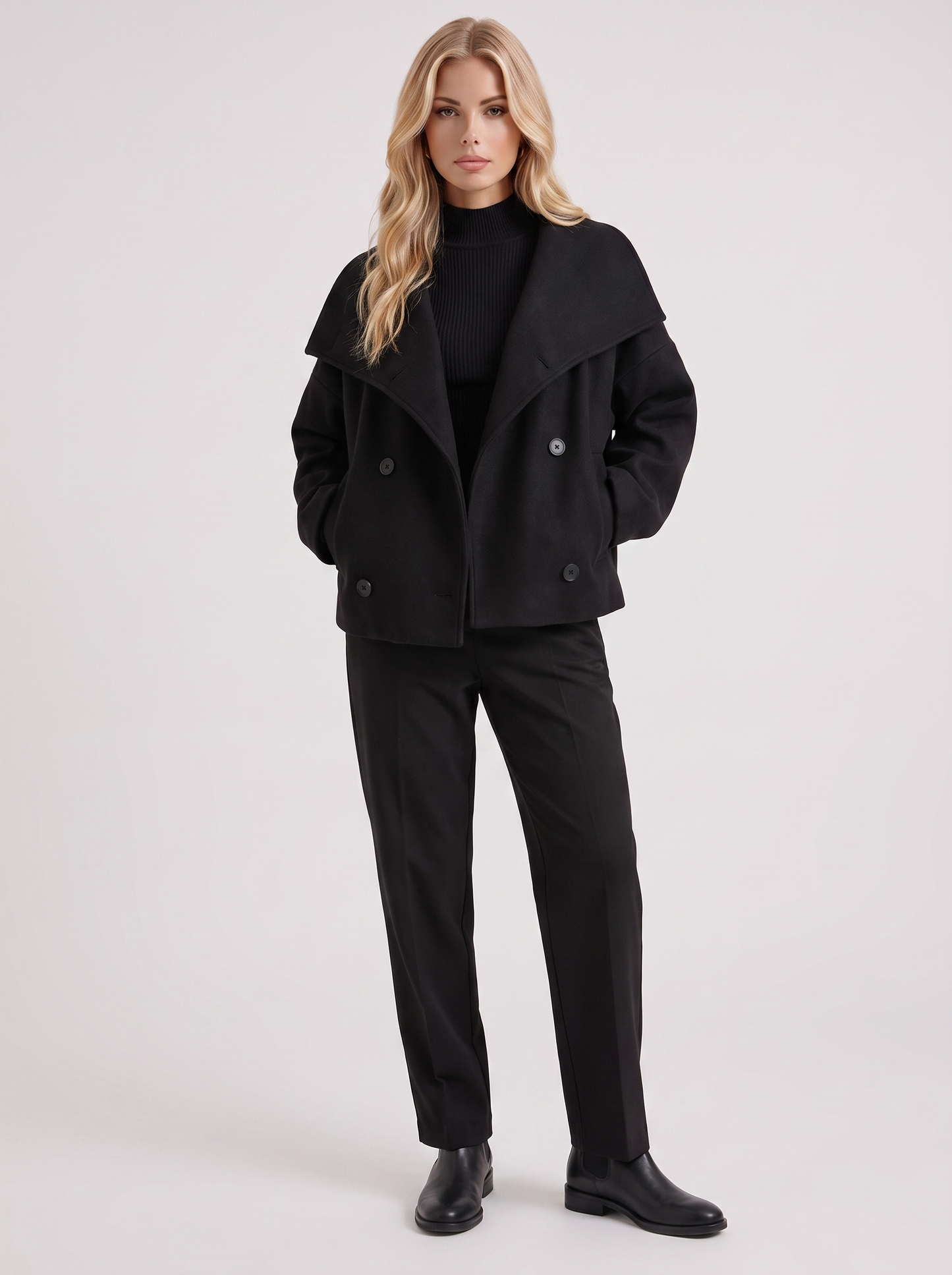 Women black oversized double breasted wool blend peacoat with wide notch collar, front view