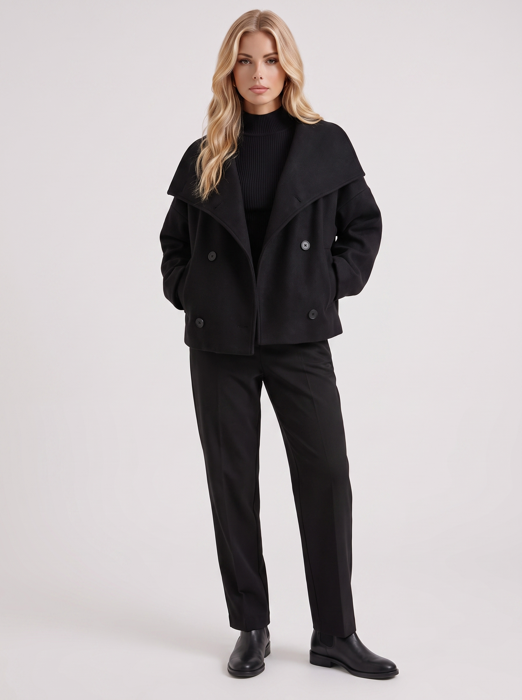 Women black oversized double breasted wool blend peacoat with wide notch collar, front view