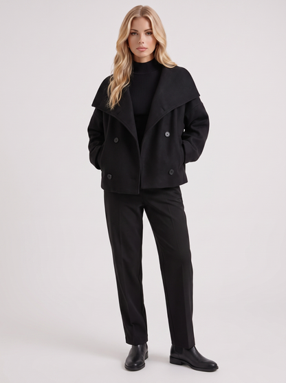 Women black oversized double breasted wool blend peacoat with wide notch collar, front view