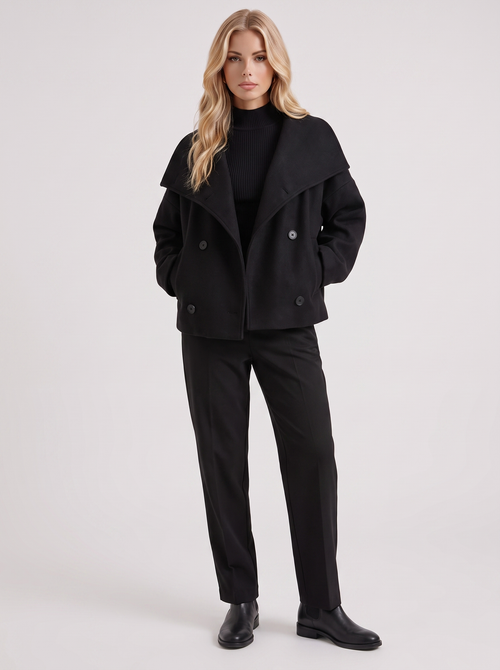 Women black oversized double breasted wool blend peacoat with wide notch collar, front view