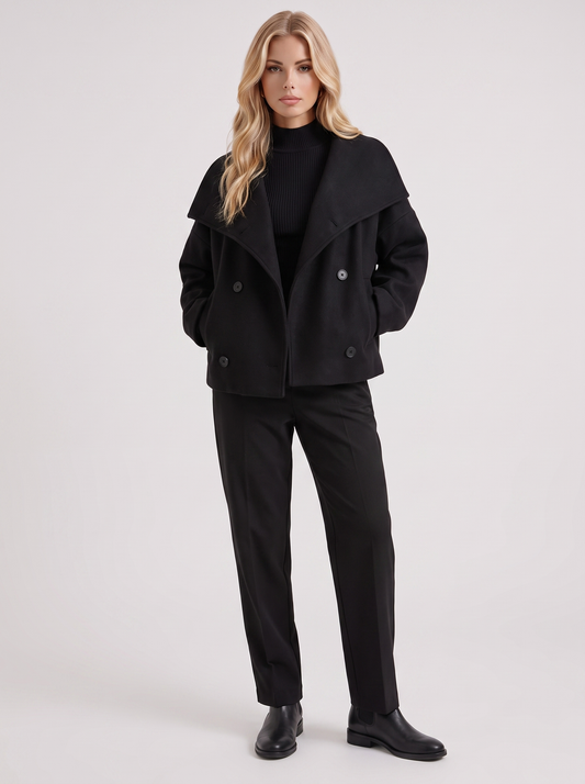 Women black oversized double breasted wool blend peacoat with wide notch collar, front view