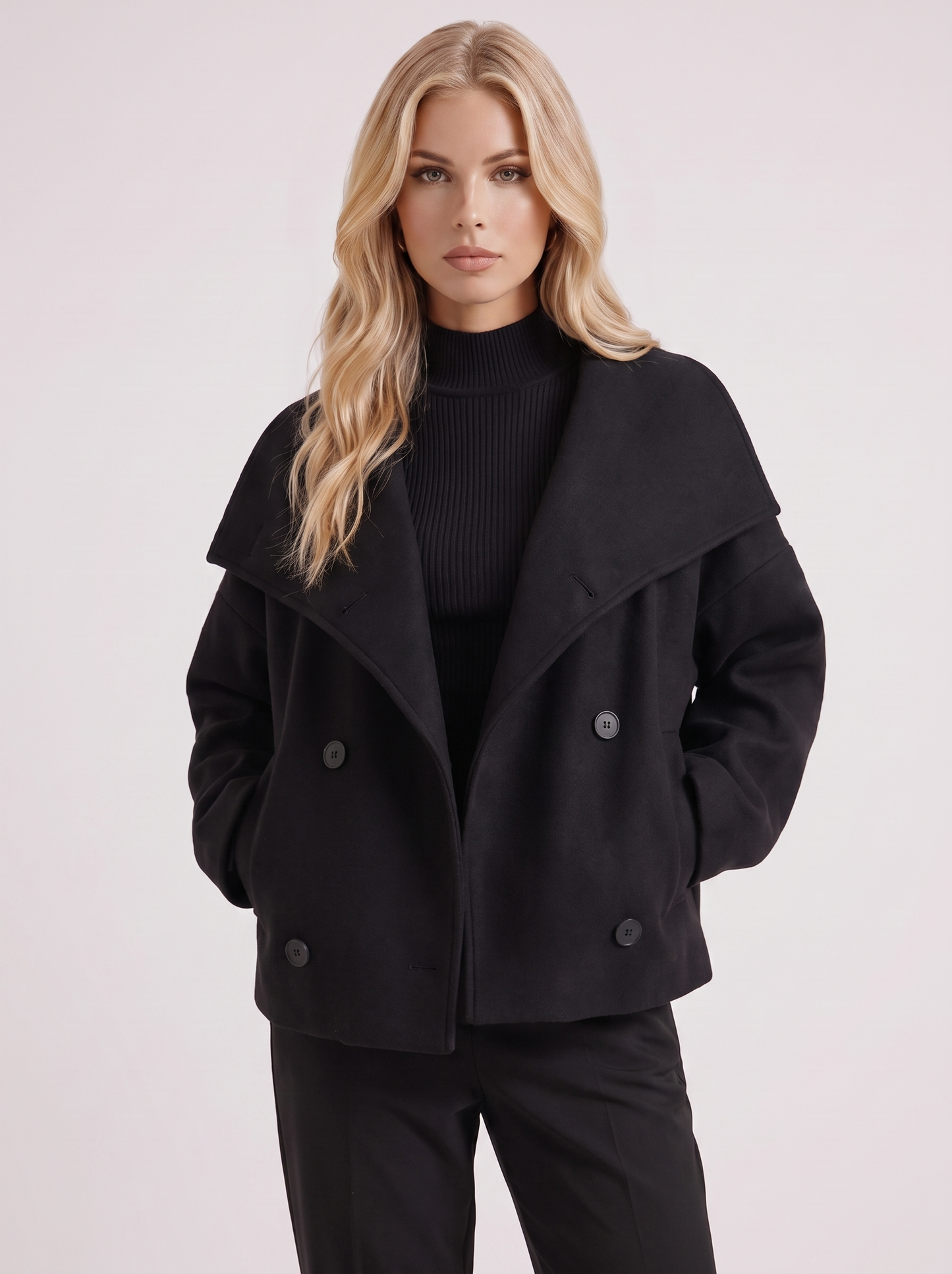Women black oversized double breasted wool blend peacoat with wide notch collar, front detail