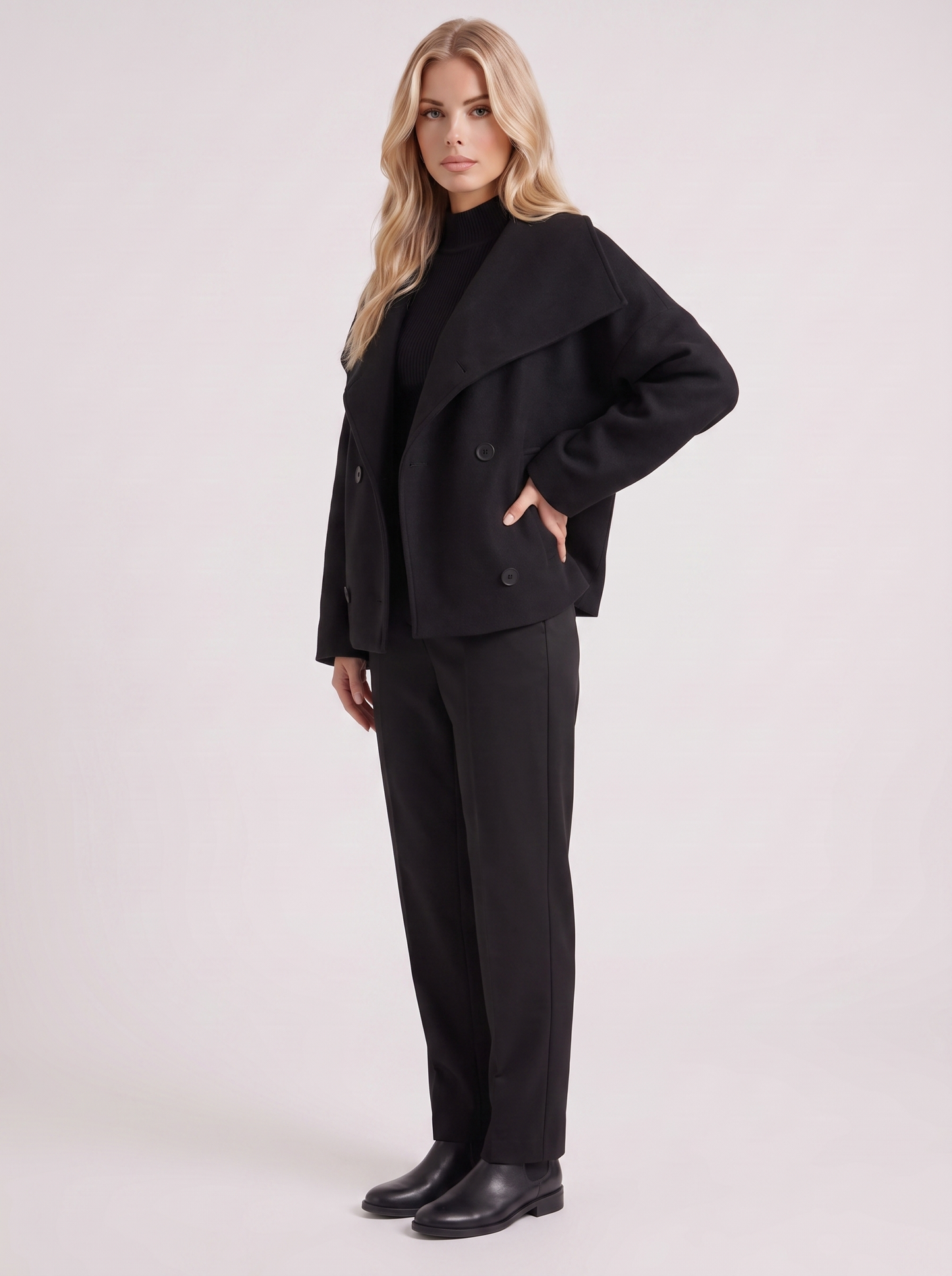 Women black oversized double breasted wool blend peacoat with wide notch collar, three quarter view