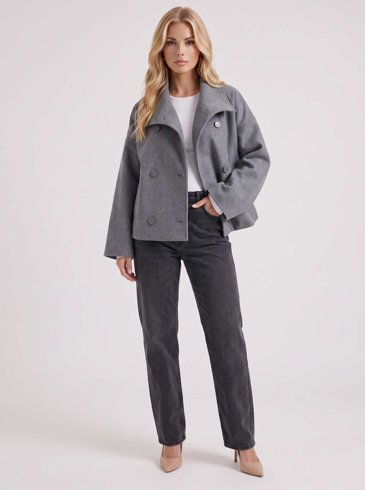 Women gray oversized double breasted wool blend peacoat with wide notch collar, front view