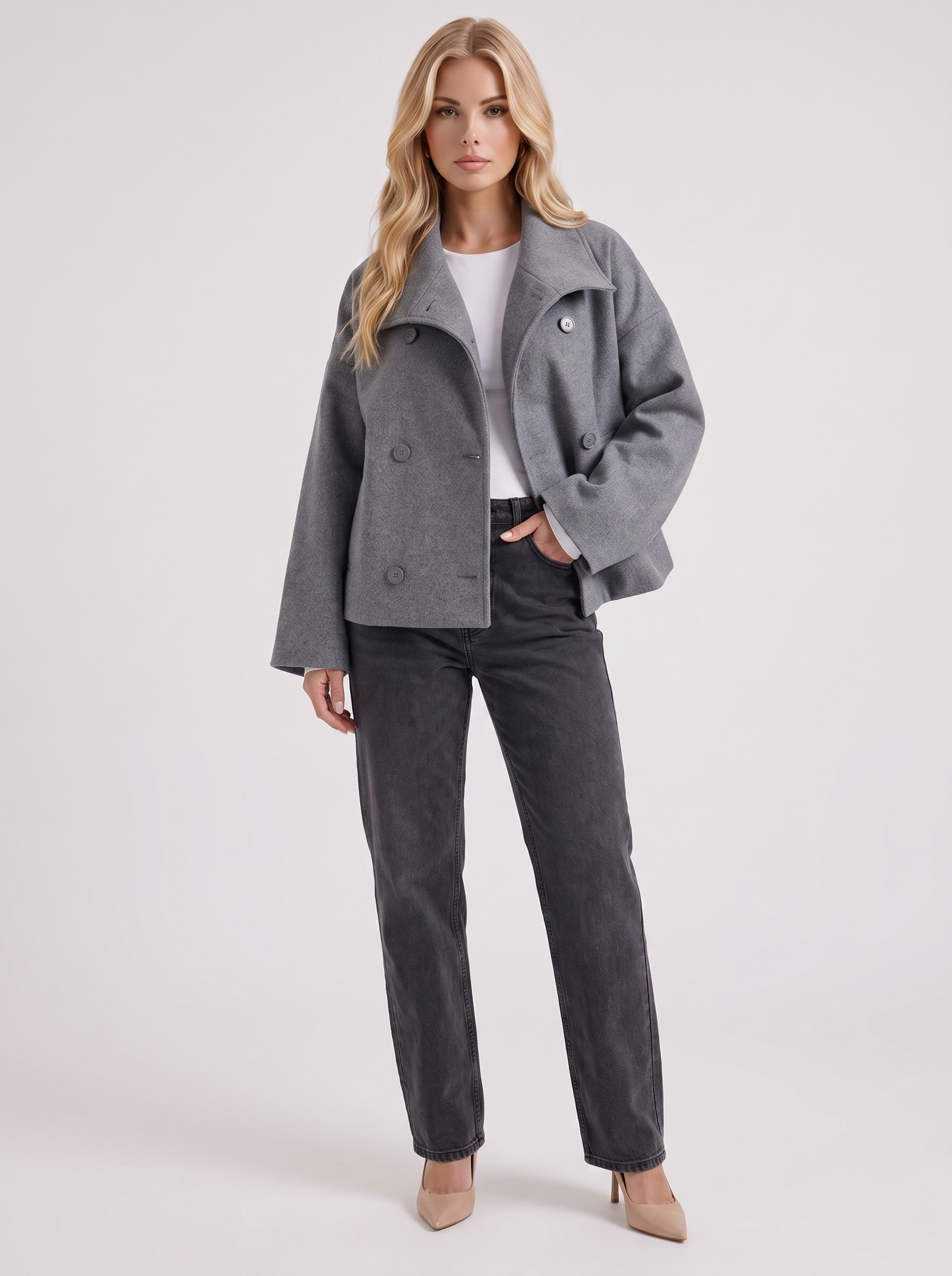 Women gray oversized double breasted wool blend peacoat with wide notch collar, front view