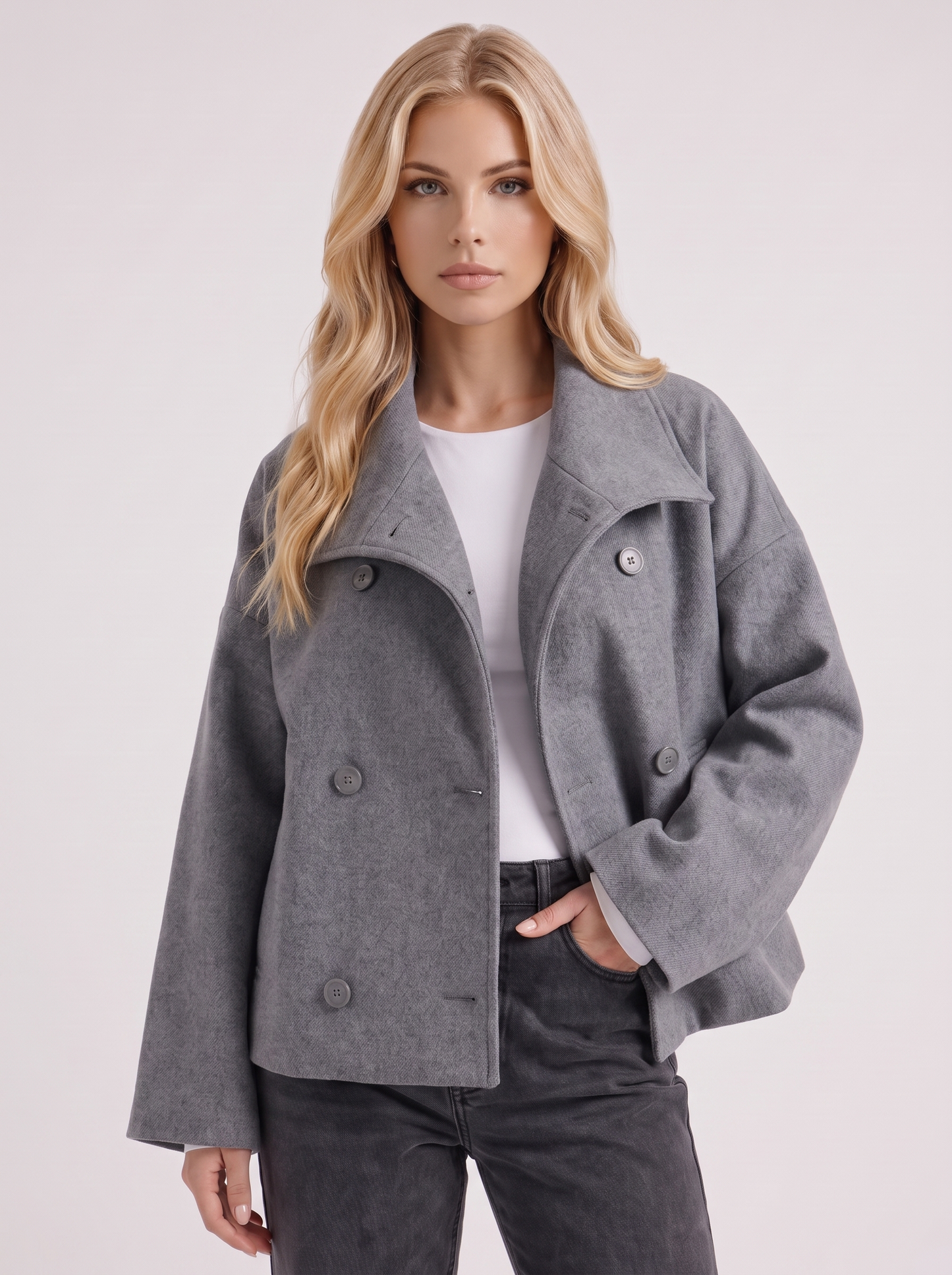 Women gray oversized double breasted wool blend peacoat with wide notch collar, front detail