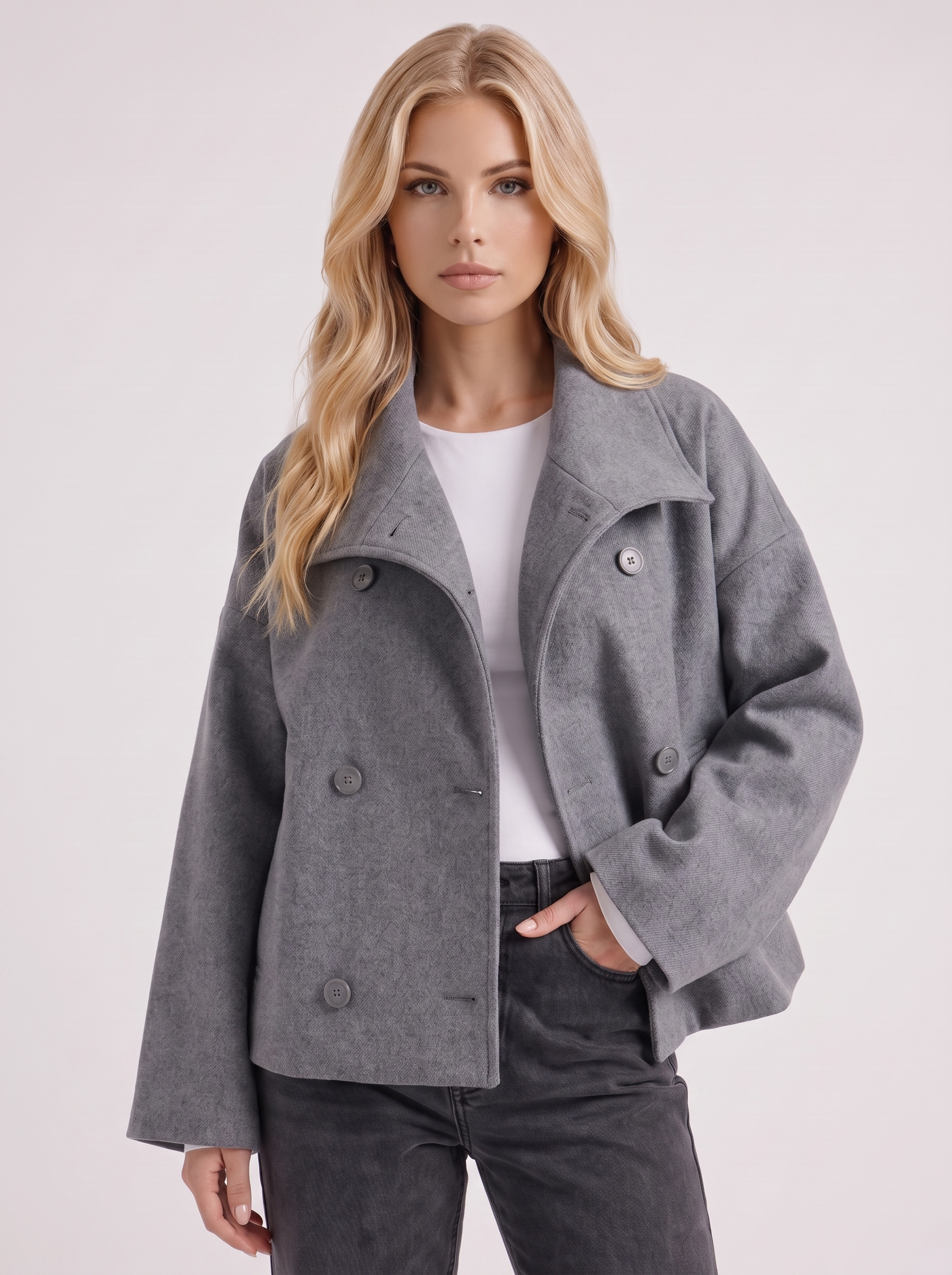 Women gray oversized double breasted wool blend peacoat with wide notch collar, front detail
