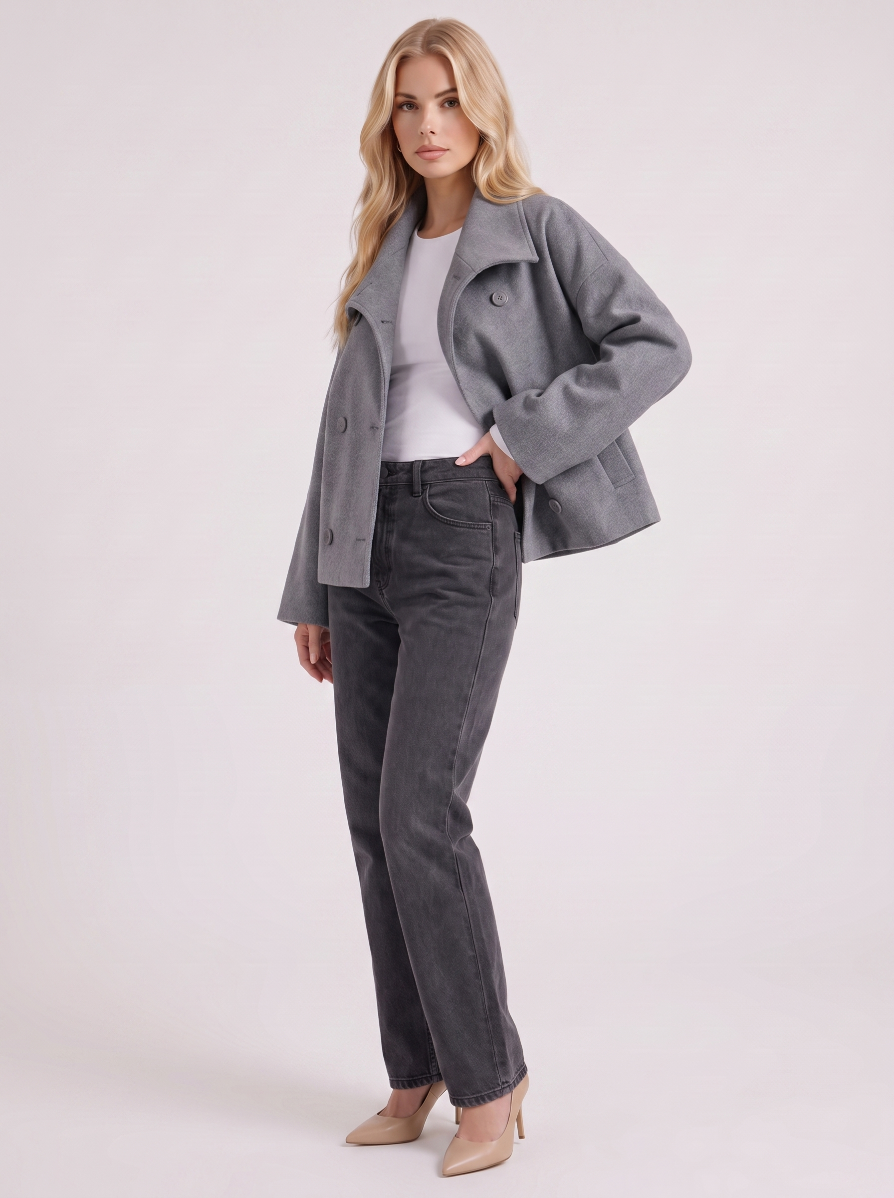 Women gray oversized double breasted wool blend peacoat with wide notch collar, three quarter view