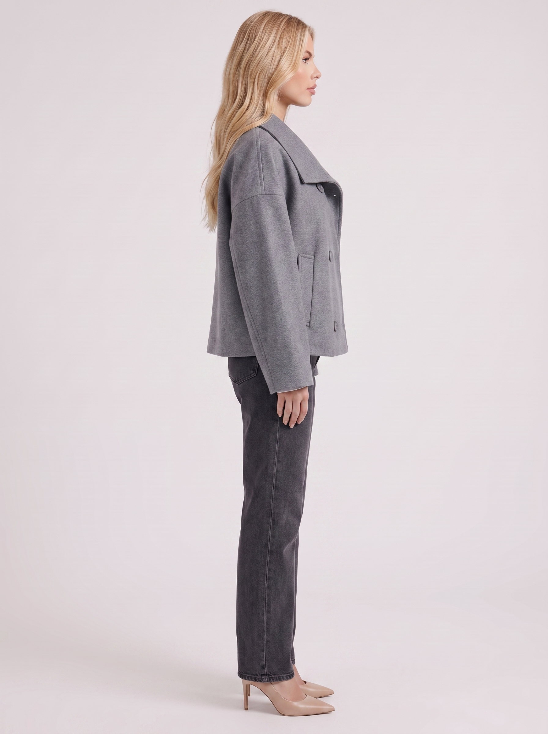 Women gray oversized double breasted wool blend peacoat with wide notch collar, side view