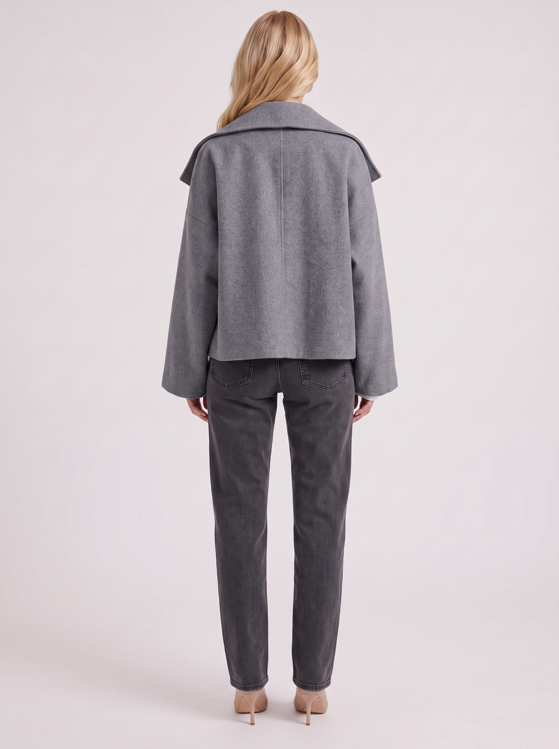 Women gray oversized double breasted wool blend peacoat with wide notch collar, back view