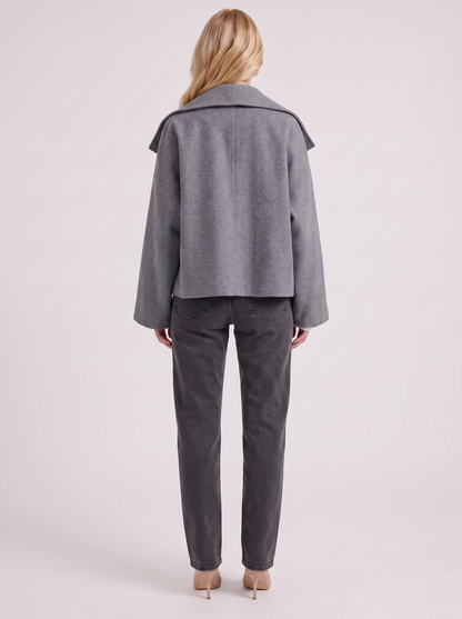 Women gray oversized double breasted wool blend peacoat with wide notch collar, back view