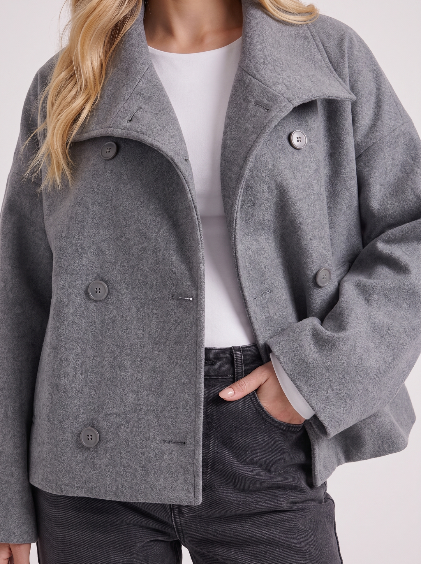 Women gray oversized double breasted wool blend peacoat with wide notch collar, fabric closeup