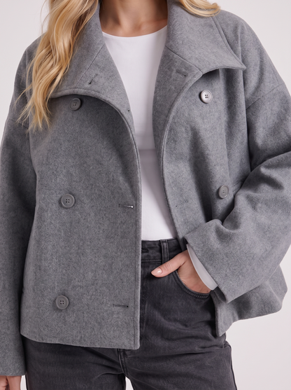Women gray oversized double breasted wool blend peacoat with wide notch collar, fabric closeup