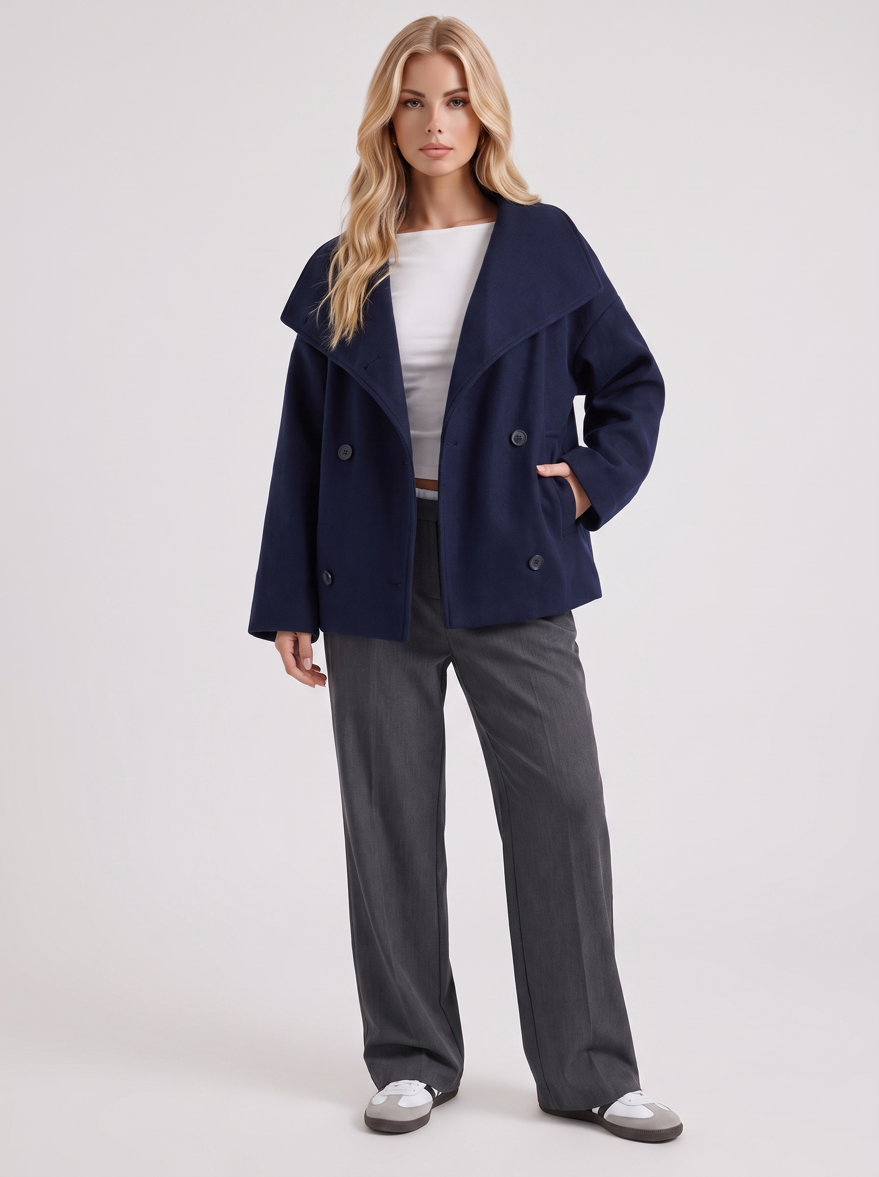 Women navy oversized double breasted wool blend peacoat with wide notch collar, front view