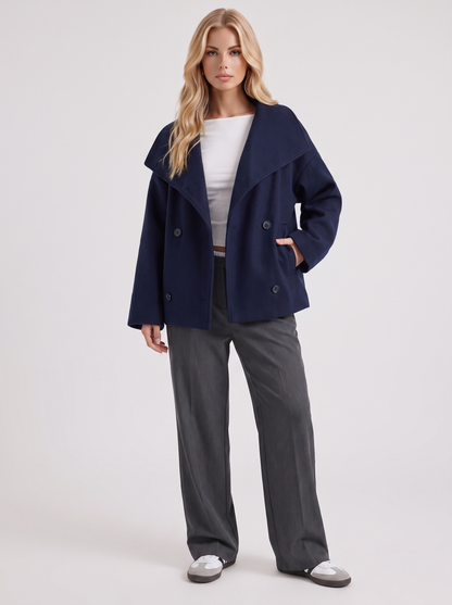 Women navy oversized double breasted wool blend peacoat with wide notch collar, front view