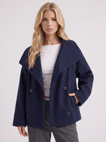 Women navy oversized double breasted wool blend peacoat with wide notch collar, front detail