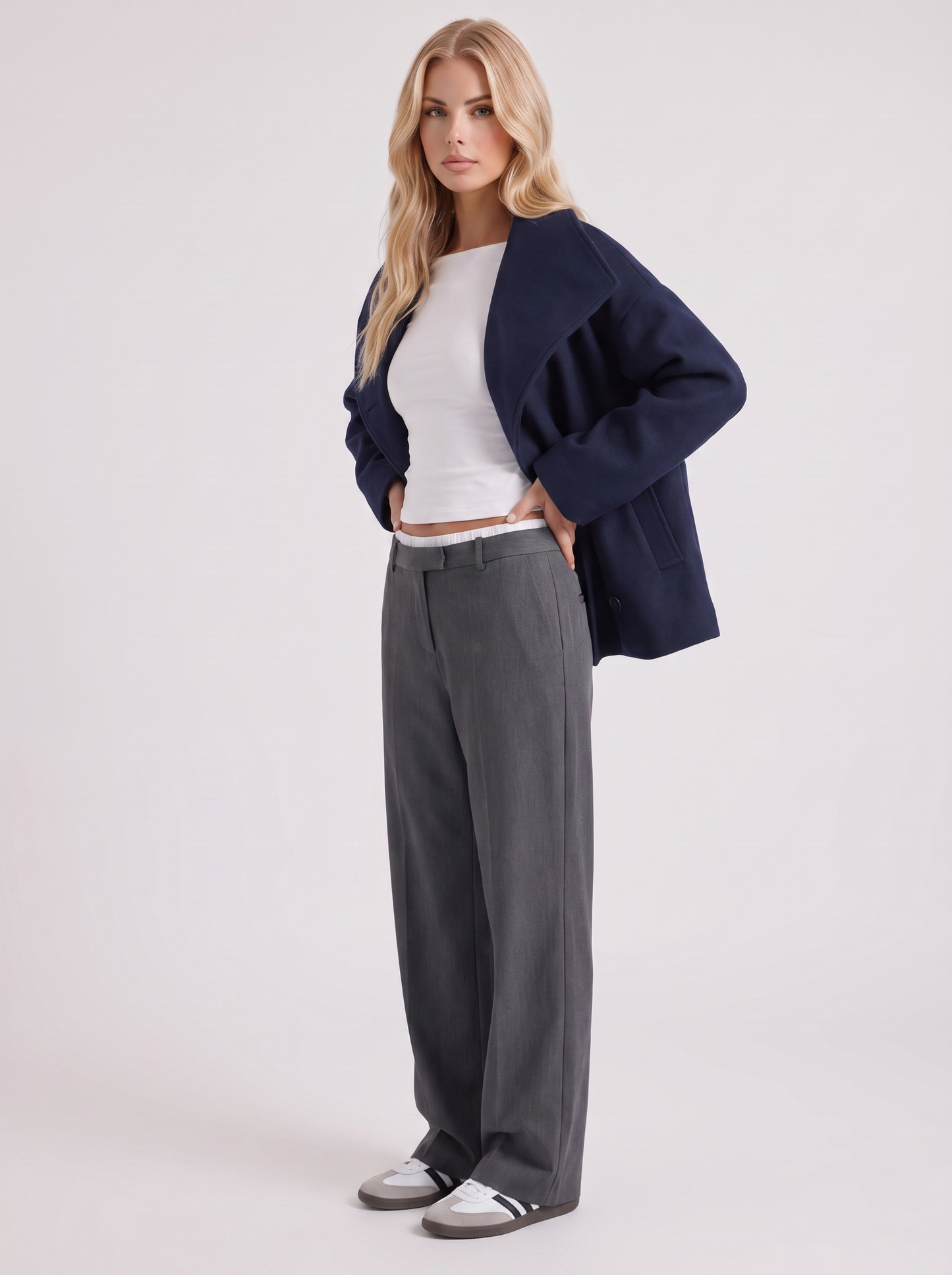 Women navy oversized double breasted wool blend peacoat with wide notch collar, three quarter view