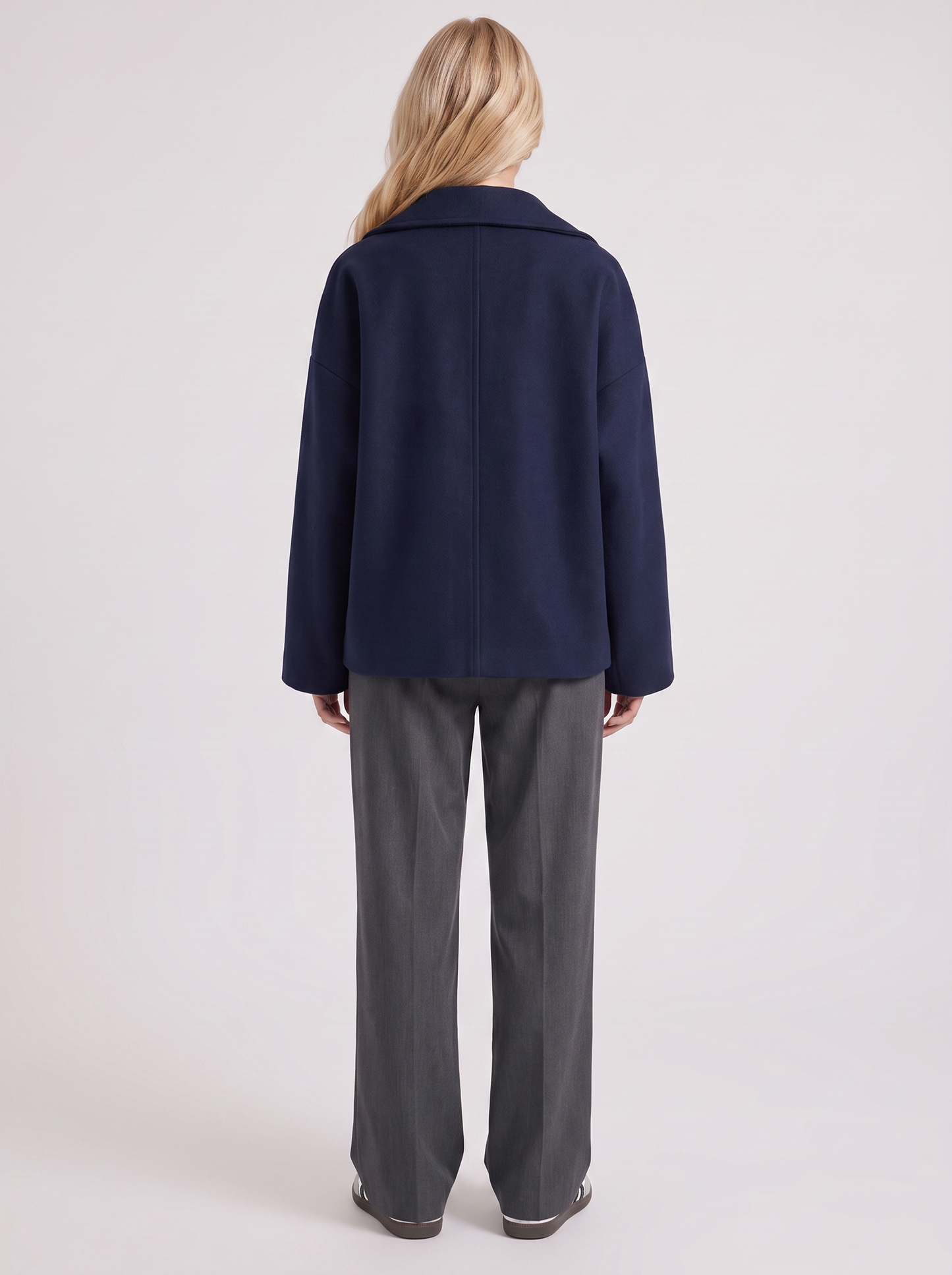 Women navy oversized double breasted wool blend peacoat with wide notch collar, back view